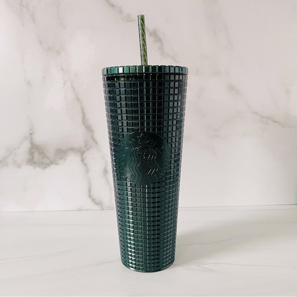 Starbucks 2021 Holiday Dark Green Metallic Grid 24 Oz Cold Cup Tumbler- New - Picture 1 of 5
